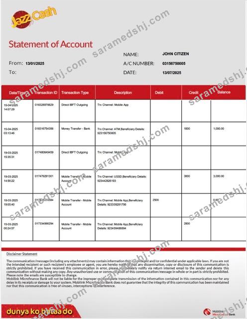 Pakistan Mobilink Microfinance Bank statement of account Word and PDF template, version 2